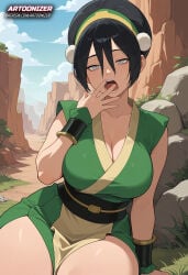 1girls ai_generated armwear artoonizer ass avatar_legends avatar_the_last_airbender belt big_ass big_breasts black_hair blind breasts dress female grey_eyes hairband headband kimono legs_together light-skinned_female light_skin looking_at_viewer nickelodeon open_mouth outdoors pale_eyes patreon patreon_username plunging_neckline posing sitting solo solo_female solo_focus the_legend_of_aang thick_hips thick_thighs tired tired_look toph_bei_fong toph_beifong traditional_clothes wide_hips yawn