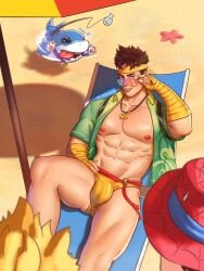 bara beach blonde_hair bulge gay human_torch human_torch_(marvel_rivals) iron_fist iron_fist_(marvel_rivals) its_ocoleleboo jeff_the_land_shark johnny_storm lin_lie male male_only marvel marvel_rivals muscular muscular_male speedo spider-man spider-man_(marvel_rivals) sunglasses