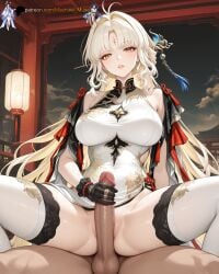 1boy 1boy1girl 1girls adult adult_female aged_up ai_generated balls bare_shoulders bed before_sex big_breasts big_penis black_gloves black_legwear black_thighhighs blush boobs breasts china_dress chinese_clothes earrings female female_masturbing_male female_on_male girl hair_ornament hair_pin imminent_penetration imminent_sex imminent_vaginal indoor indoors jewelry just_the_tip legwear light-skinned_female light_skin long_hair machine_muse on_bed patreon_username penis penis_touching_vagina perfect_body pussy sex spread_legs tacet_mark_(wuthering_waves) thighhighs touching_penis uncensored vagina very_long_hair watermark white_hair wuthering_waves yellow_eyes