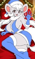 ai_assisted anthro bedroom big_breasts blue_gloves christmas christmas_lights christmas_tree cincci_(lucyfercomic) cinccino cleavage female furry looking_at_viewer santa_hat santa_outfit smile thighhighs white_fur white_scarf