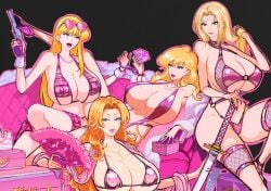 4girls akimoto_komachi big_breasts bikini_top black_background bleach blonde_hair blue_eyeshadow breasts brown_eyes cleavage couch crossover diamond ear_piercing earrings eyeshadow female female_only fishnet folding_fan footwear forehead_jewel gun hair handcuffed handcuffs headwear heart_sunglasses heels high_heels holding holding_gun holding_katana holding_object holding_sword holding_weapon hoop_earrings huge_breasts j_no_2ban jewelry kochikame leg_up lips lipstick long_hair long_nails lupin_iii matsumoto_rangiku mature mature_female mature_woman milf mine_fujiko nail_polish nails naruto naruto_(series) necklace neckwear o-ring o-ring_bikini orange_hair parted_lips pearl_necklace pink_bikini_top pink_lips pink_lipstick pink_nail_polish pink_nails pink_sling_bikini pink_theme purple_nail_polish purple_nails purse revealing_clothes skimpy skimpy_clothes sling_bikini sunglasses sunglasses_on_head swimwear thick_lips thigh_strap topwear tsunade weapon white_nail_polish white_nails wrist_cuffs