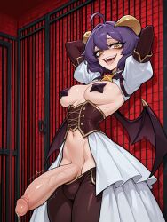 1futa 1futanari ai_assisted ai_generated ass bdsm bdsm_outfit big_ass big_breasts big_butt big_hips big_penis blush blushing breasts cleavage clothed clothing crazy_eyes crazy_smile dick dickgirl dominant dungeon eyebrows eyelashes eyewear futanari gloves hair hands_behind_head hiiragi_utena horns horny huge_cock leather leather_pants lips lowleg lowleg_pants magia_baiser mahou_shoujo_ni_akogarete makeup medium_breasts medium_hair midriff mistress narrow_waist navel nose pants pasties penis purple_hair purple_pants red_wall saliva skirt slit_pupils small_breasts smooth_balls smooth_penis smooth_skin tail velfur_(artist) wings yellow_eyes