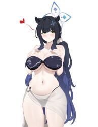 1girl absurdres animal_ear_fluff animal_ears bikini black_bikini black_hair blue_archive blue_hair blue_halo blush breasts cawl cleavage closed_mouth commentary cowboy_shot english_commentary gluteal_fold gradient_hair green_eyes halo hands_on_own_chest heart highres large_breasts long_hair looking_at_viewer multicolored_hair navel official_alternate_costume sarong shun_(blue_archive) simple_background smile solo stomach strapless strapless_bikini swimsuit very_long_hair white_background white_sarong