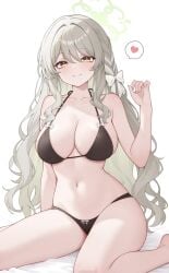 1girls bikini blonde_hair blue_archive bow breasts cleavage female_focus female_only halo heart large_breasts long_hair looking_at_viewer miyo_(blue_archive) simple_background smiling smiling_at_viewer solo solo_female swimsuit white_background yellow_eyes