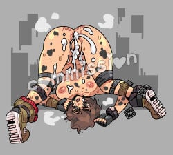 1girls after_sex ass ass_up body_writing borderlands breasts creampie cum cum_in_ass cum_inside female leaking_cum moze_(borderlands) nekitoototo nipples solo