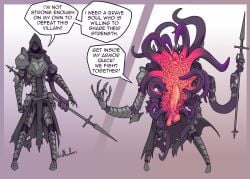 1boy artist_name artist_signature big_penis color colored dialog dialogue living_armor lluisabadias male male_only monster monster_boy multiple_images original original_character penis simple_background spear tentacle tentacles teratophilia unusual_anatomy weapon