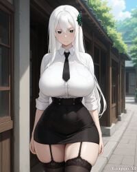 1girl 2d ai_generated anime_style black_skirt black_thighhighs brown_eyes building butterfly_hair_ornament cleavage detailed_eyes detailed_face echidna garter_belt grippyai high_quality huge_breasts long_hair looking_at_viewer outdoors re_zero shiny_skin smile solo standing white_hair white_shirt