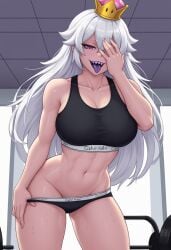 1girls abs ai_generated athletic_female big_ass big_breasts black_underwear boosette calvin_klein civitai gym huge_breasts long_hair panty_pull purple_eyes purple_tongue sharp_teeth solo super_crown sweat sweating sweaty thick_thighs tongue_out white_hair
