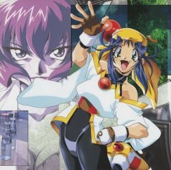 1990s_(style) 2girls absurdres bandana blue_hair bodysuit bodysuit_under_clothes breasts character_name fingerless_gloves gloves highres large_breasts lime_(saber_j) looking_at_viewer medium_breasts multiple_girls non-web_source official_art retro_artstyle saber_marionette_j salute scan shimamura_hidekazu thong tiger_(saber_j) wide_hips zoom_layer