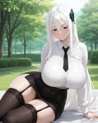 1girl 2d ai_generated anime_style black_skirt black_thighhighs black_tie brown_eyes butterfly_hair_ornament cleavage detailed_eyes detailed_face echidna garter_belt grippyai high_quality huge_breasts long_hair looking_at_viewer outdoors re_zero shiny_skin smile solo standing traditional_building white_hair white_shirt