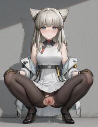 ai_generated arknights:_endfield belt black_stockings blue_eyes blush blushing blushing_at_viewer cat_ears crouching dress ears female female_only fluffy_ears gloves heels jacket jacket_open long_hair looking_at_viewer perlica_(arknights:_endfield) pissing pussy ripped_stockings sleeveless_dress spread_legs stockings vagina white_dress white_jacket