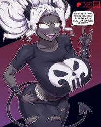 1girls alternate_costume alternate_version_available armwear artist_name belt big_breasts black_pants black_shirt blush bracelet breasts clothing demon demon_girl demon_horns demon_tail english english_text female female_only grey_body grey_skin hair hand_on_hip helltaker hips horns huge_breasts judgement_(helltaker) large_breasts open_mouth pants punk_girl punk_outfit ripped_pants shirt smile solo solo_female speech_bubble spiked_bracelet tail tehhank text thighs tied_hair white_eyes white_hair white_sclera