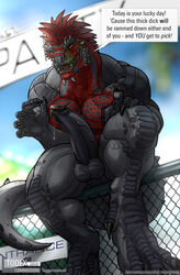 anthro argonian balls claws dialog fence horn male_only muscles pecs penis precum scalie scar tagg taggcrossroad text the_elder_scrolls todex video_games