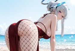 1girl ai_generated ass bangs bare_shoulders beach blue_archive blush breasts closed_mouth clothing_cutout day dress earrings fishnet_pantyhose fishnets from_behind glasses hair_bun halo jewelry kermixx large_breasts looking_at_viewer looking_back mechanical_halo noa_(blue_archive) ocean outdoors pantyhose purple_eyes red_dress sand sideboob sidelocks single_hair_bun sky smile solo thighs water wet white_hair
