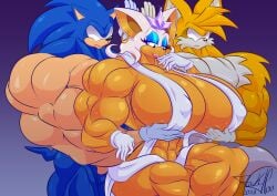 2boys abs alternate_muscle_size aphrodite_(shuumatsu_no_valkyrie)_(cosplay) holding_breasts hyper_breasts jack_hoo_(artist) muscular_female rouge_the_bat sonic_(series) sonic_the_hedgehog tails_the_fox