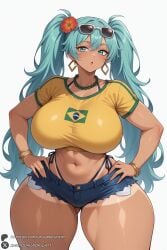 1female 1girl 1girls 2026 :o ai_generated aqua_eyes aqua_hair artist_name ass_visible_through_thighs bangs big_ass big_breasts bikini blue_eyes blush bracelet brazilian_miku breasts cowboy_shot crop_top curvy cutoffs dark-skinned_female dark_skin denim denim_shorts earrings eyewear_on_head flower hair_flower hair_ornament hands_on_hips hatsune_miku hi_res high_quality high_resolution highleg highres huge_ass huge_breasts jewelry long_hair looking_at_viewer midriff navel necklace open_mouth patreon patreon_username shirt short_shorts shorts simple_background solo sunglasses swimsuit tan tanlines thick_thighs thighs twintails unjobdespiert vocaloid watermark white_background wide_hips