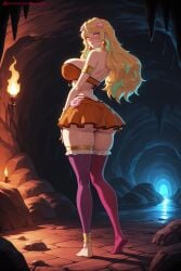 1girl ai_generated ass bangs bare_shoulders bikini blonde_hair blush breasts earrings flower goa_minagawa hair_flower hair_ornament hi_res high_quality high_resolution jewelry kiraamane kizetsu_yuusha_to_ansatsu_hime large_breasts long_hair looking_at_viewer looking_back patreon seductive sexy skirt solo swimsuit thighhighs thighs uncensored water watermark yellow_eyes
