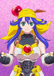 1990s_(style) 1girl bandana blue_hair breasts clenched_hands closed_mouth commentary_request double-parted_bangs fingerless_gloves floating_hair gloves gradient_background green_eyes hair_between_eyes hair_ornament headscarf highres humanoid_robot joints large_breasts lime_(saber_j) long_hair looking_at_viewer patterned_background purple_background retro_artstyle ringed_eyes robot robot_joints saber_marionette_j smile solo spandex sphere_hair_ornament ueyama_michirou yellow_bandana yellow_headscarf