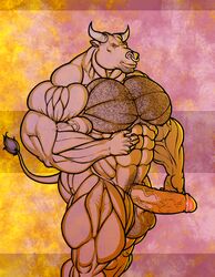 abs anthro balls biceps big_penis boner bovine cattle erection facial_piercing horn hyper male_only mammal muscles nude pecs penis ripped-saurian solo solo_male vein veiny_penis