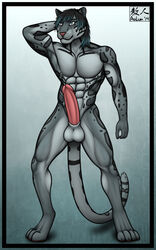 1boy 2014 4_toes abs anthro aolun_(artist) balls biceps big_penis black_fur body_markings clouded_leopard digitigrade ear_piercing erection feline fur grey_fur hindpaw humanoid_penis leopard male male_only mammal markings muscles nude pawpads paws pecs penis piercing plain_background pose sheath solo spots toes toned