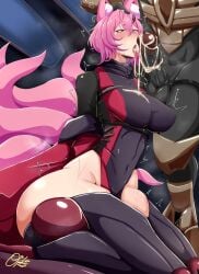 after_fellatio animal_ears ass blowjob clothed clothed_female clothing cum cum_on_breasts curvy female fox_girl hips indie_virtual_youtuber large_breasts light-skinned_female light_skin male meicha_(vtuber) ophimon pink_hair thick thick_thighs thighs unseen_male_face virtual_youtuber vtuber wide_hips