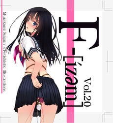 1girls black_hair blue_eyes blush bondage f-ism female looking_back murakami_suigun nipple_clamps original pussy_juice school_uniform sex_toy shirt_lift skirt solo underwear vibrator