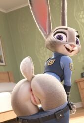 1girls ai_generated ass ass_focus bubble_butt furry judy_hopps looking_at_viewer looking_back pants pants_down presenting_pussy purple_eyes pussy pussy_focus rabbit solo solo_focus standing zootopia