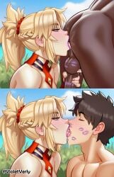 1boy 1girl ai_assisted ai_generated ass black_hair blonde_hair blush braid day fate_(series) green_eyes hair_ornament hetero long_hair mordred_(fate) nude penis ponytail saliva tongue tongue_out violetverly