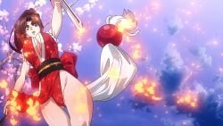 1girls ass breasts brown_eyes brown_hair character_request child_bearing_hips fatal_fury hips holding_object large_breasts mai_shiranui screencap wide_hips