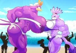 2girls abs alternate_muscle_size asymmetrical_docking blaze_the_cat hyper_breasts jack_hoo_(artist) muscular_female sonic_(series) wave_the_swallow