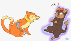 black_fur breasts brown_eyes buizel concern duo electrikedeathstrike english_text fur furry gender_transformation human litleo magic male mammal mischievous nintendo nipples orange_fur paws penis pokemon pokephilia pussy shocked surprised tails teats text transformation video_games