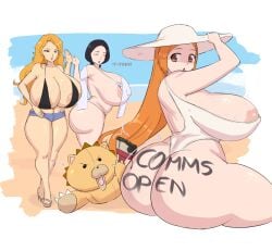 1boy 3girls alternate_breast_size_(larger) areola_slip artist_name ass bare_shoulders beach black_hair bleach blonde_hair blue_eyes braid braided_ponytail breasts brown_eyes collarbone curvy hand_on_own_hip hat huge_ass huge_breasts inoue_orihime jeans_shorts kon_(bleach) long_hair matsumoto_rangiku mole mole_under_mouth multiple_girls navel nexxu orange_hair paintbrush sand sandals short_shorts shorts sitting sky stomach stuffed_animal stuffed_lion stuffed_toy sun_hat swimsuit thick_thighs thighs unohana_retsu waving wide_hips writing_on_ass
