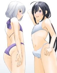 2022 2femboys arm_behind_head bikini blush crossdressing erection_under_clothes honebami_toushirou looking_at_viewer looking_down looking_down_at_viewer namazuo_toushirou purple_eyes purple_hair sweat touken_ranbu uiti_kai white_hair