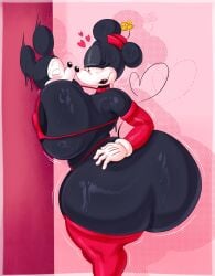 1boy1girl areolae_visible_through_clothing ass_bigger_than_head big_ass big_breasts black_body breasts_bigger_than_head cartoony female gloves hat hat_flower latex latex_clothing latex_legwear mickey_mouse mickey_mouse_&_friends mickey_mouse_shorts minnie_mouse mouse_girl rabbit5gamer red_hat simple_background size_difference sweat sweaty_body trapped_in_breasts