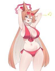 1girl :d ;d absurdres animal_ears armpits arms_behind_head bikini blue_archive blush breasts cawl cleavage colored_inner_hair commentary cowboy_shot english_commentary gluteal_fold grey_eyes hair_between_eyes halo highres large_breasts long_hair multicolored_hair navel official_alternate_costume one_eye_closed open_mouth orange_hair red_halo rumi_(blue_archive) simple_background smile solo stomach swimsuit teeth upper_teeth_only very_long_hair white_background white_bikini white_hair