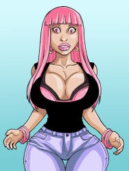 1girls 2013 big_breasts breasts celebrity cleavage dark-skinned_female dark_skin earrings female female_only huge_breasts nicki_minaj pink_eyes pink_hair real_person snaketrap solo