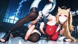 absurdres ai_art ai_generated animal_ear_fluff armpits artist:konekofuta ass bare_shoulders black_choker black_footwear black_skirt blue_skirt blunt_bangs blush breasts cat_girl character:cissia_(zenless_zone_zero) cleavage collarbone crop_top detached_sleeves ear_piercing erection feet frills full_body futanari high_heel_boots high_heels hoop_earrings leg_up lightning long_sleeves looking_at_viewer midriff miniskirt moon mouth_mask navel night on_side one_side_up panties penis pleated_skirt red_shirt sandals see-through see-through_sleeves shirt shoes side_ponytail skirt solo spread_legs star_(sky) starry_sky stomach testicles thick_thighs thighhighs thighs toeless_footwear toeless_legwear toenails toes
