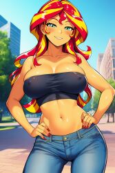 1girls ai_generated big_breasts breasts city city_background cityscape cleavage contrapposto day daytime equestria_girls erect_nipples female female_only friendship_is_magic hands_on_hips hasbro jeans large_breasts looking_at_viewer my_little_pony nai_diffusion navel nipple_bulge novelai outdoors smile smiling solo solo_female stable_diffusion sunset_shimmer tube_top