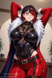 1female 1girl 1girls 2026 ai_generated anna_williams arms_behind_head arms_up artist_name bangs belt big_ass big_breasts black_belt black_leotard blunt_bangs blush breasts brown_eyes brown_hair choker cleavage coat cup curvy earrings fur_trim gloves grin hair_over_one_eye hi_res high_quality high_resolution highleg highleg_leotard highres huge_ass huge_breasts indoors jacket jewelry large_breasts leotard long_sleeves looking_at_viewer makeup mug multicolored_hair open_clothes open_coat pants parted_lips patreon patreon_username red_coat red_hair red_pants short_hair smile solo tekken tekken_8 thighs unjobdespiert watermark