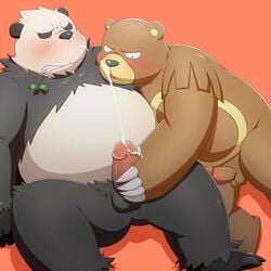 2014 anthro balls bear biceps big_penis black_fur blush body_markings brown_fur chubby claws cum cumshot erection fur furry furry_only gay grizzly_bear handjob leaf male mammal markings musclegut nintendo orgasm panda panda_bear pangoro penis penis_grab penta002 plain_background pokemon ursaring video_games white_fur yaoi