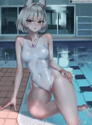 1girls alternate_costume blush breakthrough_rr breasts cat_ears catgirl colored core_crystal core_crystal_(xenoblade) grey_hair indoor_pool looking_at_viewer medium_breasts monolith_soft navel nia nintendo one-piece_swimsuit pool queen_nia swimsuit tagme thick_thighs thighs xenoblade_(series) xenoblade_chronicles_3 yellow_eyes