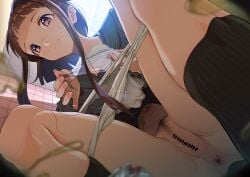 1girl absurdres amatsu_amaguri anus bar_censor black_sailor_collar black_shirt black_socks brown_eyes brown_hair censored closed_mouth commentary_request female_pubic_hair from_below highres indoors nishida_satono panties pubic_hair pussy sailor_collar school_uniform serafuku shirt socks solo squatting touhou underwear white_panties