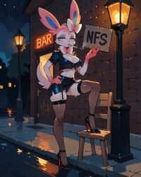 ai_generated anthro bar bottomwear breasts chair cigarette cigarette_in_mouth clothing eeveelution eyeliner feet female fishnet fishnet_clothing fishnet_legwear footwear furniture generation_6_pokemon hi_res high_heels holding_object leather leather_bottomwear leather_clothing leather_skirt leather_topwear legwear lipstick makeup medium_breasts night nintendo object_in_mouth pokemon pokemon_(species) reflection skirt smoking solo standing street street_lamp sylveon topwear