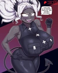 1girls alternate_costume alternate_version_available artist_name bare_arms big_breasts black_gloves black_pants blush breasts clothing demon demon_girl demon_horns demon_tail english english_text female female_only gloves grey_body grey_skin hair hand_on_hip handwear helltaker hips horns huge_breasts judgement_(helltaker) large_breasts leather_clothing open_mouth pants smile solo solo_female speech_bubble tail tehhank thighs tied_hair topwear white_eyes white_hair white_sclera