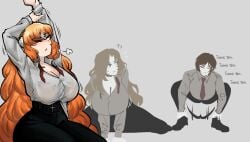 2d 3girls big_breasts breasts breasts_bigger_than_head clothed clothing digital_media_(artwork) eclipseecliptus female female_only ishmael_(limbus_company) limbus_company outis_(limbus_company) pants project_moon rodion_(limbus_company) shirt squatting stretching thick_thighs tight_clothing tight_pants video_games