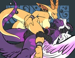 anthro avian breasts collar erzsi female green_eyes hair horn iggi inverted_nipples neimo nipples nude piercing purple_eyes purple_scales pussy reptile scalie size_difference white_hair wings yellow_scales