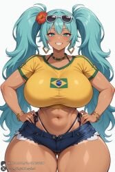 1female 1girl 1girls 2026 ai_generated aqua_eyes aqua_hair artist_name ass_visible_through_thighs big_ass big_breasts blush bracelet brazilian_miku breasts cowboy_shot crop_top curvy cutoffs dark-skinned_female dark_skin denim denim_shorts earrings eyewear_on_head flower grin hair_flower hair_ornament hands_on_hips hatsune_miku hi_res high_quality high_resolution highleg highres huge_ass huge_breasts jewelry long_hair looking_at_viewer midriff navel necklace patreon patreon_username shirt short_shorts shorts simple_background smile solo sunglasses tan thick_thighs thighs twintails underwear unjobdespiert vocaloid watermark white_background wide_hips