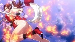 1girls ass breasts brown_eyes brown_hair character_request dat_ass fatal_fury hips holding_object large_breasts mai_shiranui screencap