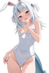 blue_hair blush blushing bunny_ears bunnysuit gawr_gura hololive hololive_english light-skinned_female petite petite_female shark_tail