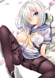 black_legwear blue_eyes blush breasts female hair_ornament hair_over_one_eye hairclip hamakaze_(kantai_collection) kantai_collection large_breasts looking_at_viewer nipples no_bra noto_kurumi pantyhose personification pussy_juice pussy_juice_stain school_uniform serafuku short_hair silver_hair sitting skirt solo spread_legs torn_clothes